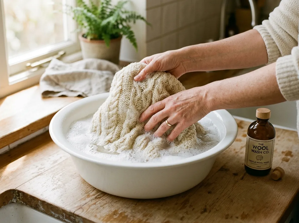 Non-toxic wool wash products next to folded cashmere and wool garments