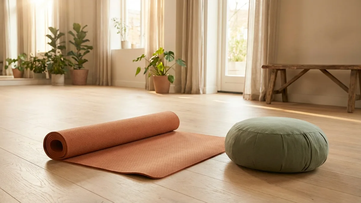 Natural rubber and cork yoga mats rolled up on a wooden floor in a sunlit studio