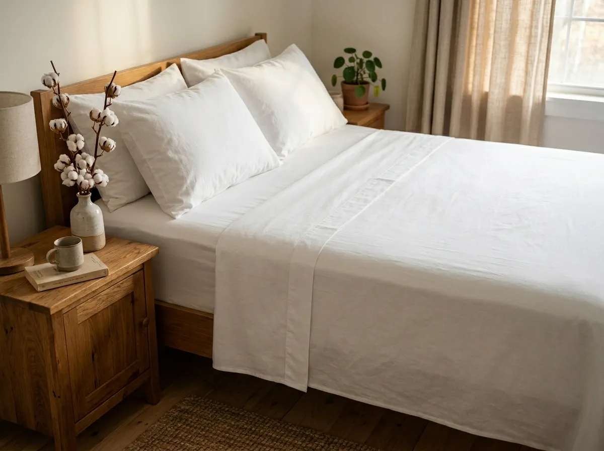 GOTS certified organic cotton sheets folded on a bed in a bright bedroom
