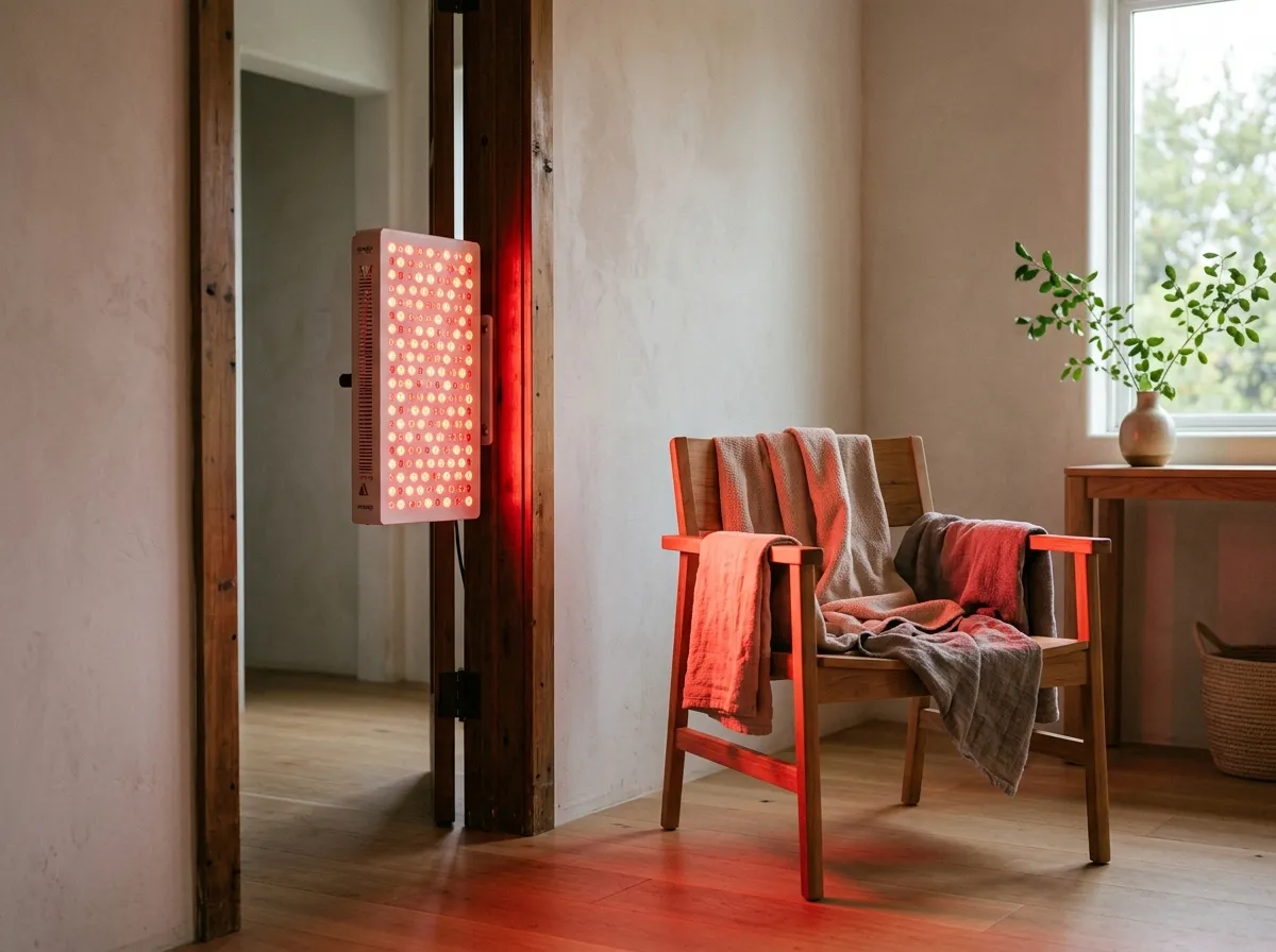 Red light therapy panel mounted on a door in a home setting