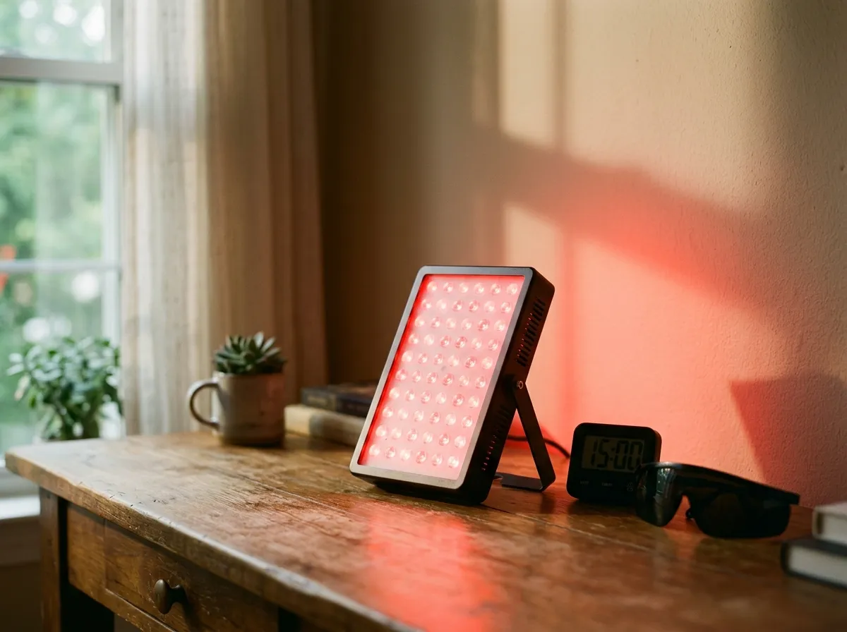 Small red light therapy panel glowing on a desk in a home setting