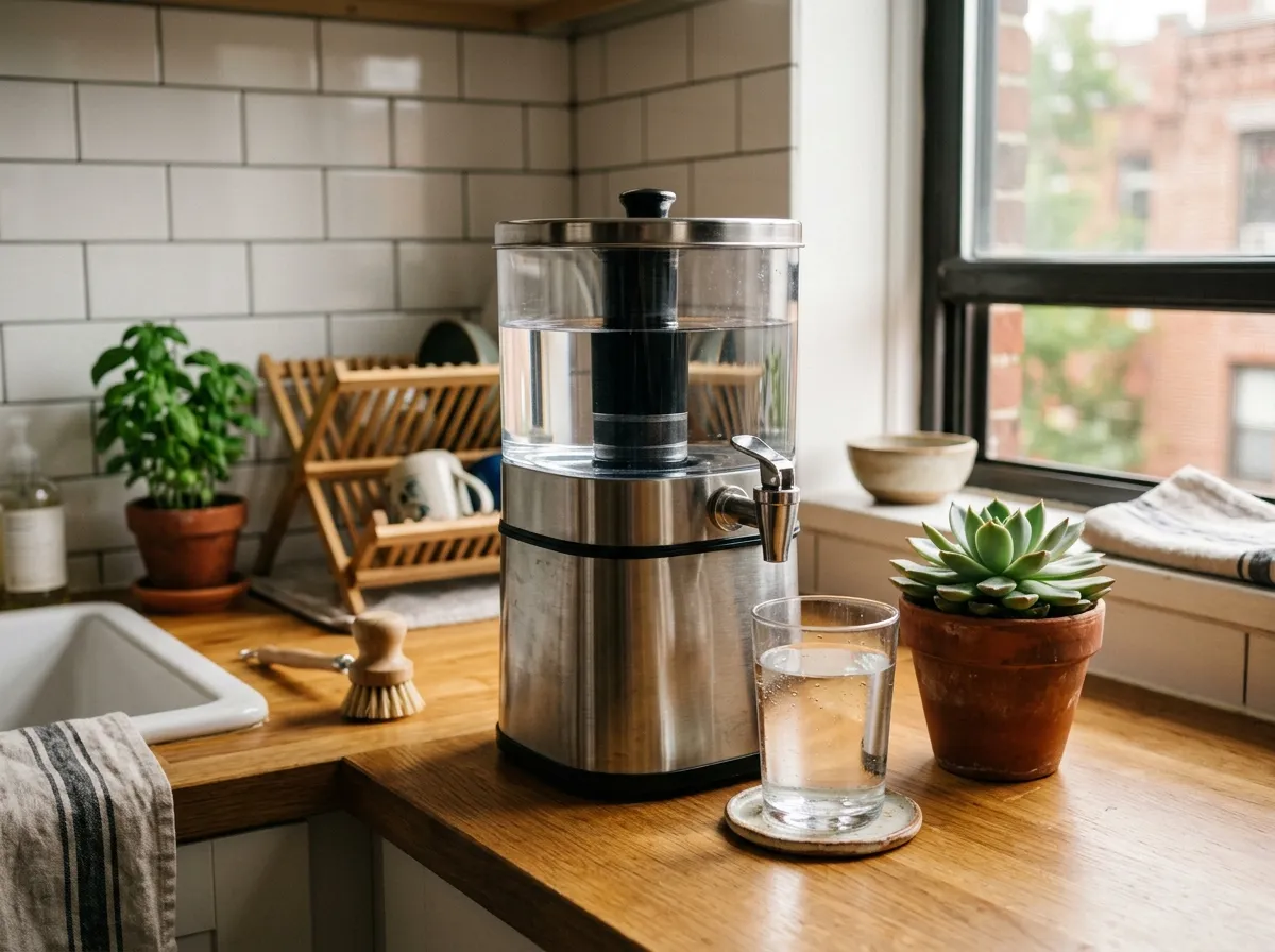 Countertop water filter on a small apartment kitchen counter next to a window