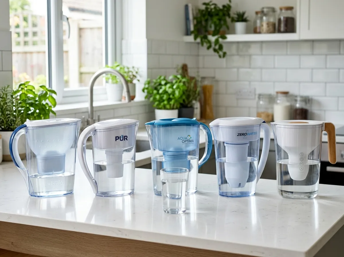 Six water filter pitchers lined up on a kitchen counter for comparison