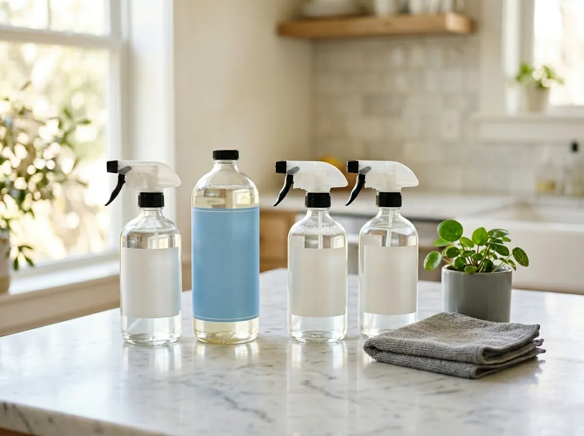 Branch Basics concentrate bottle with dilution bottles on a kitchen counter