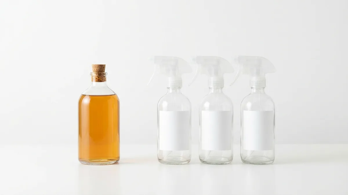Branch Basics concentrate bottle with measuring cap next to several dilution bottles on a kitchen counter