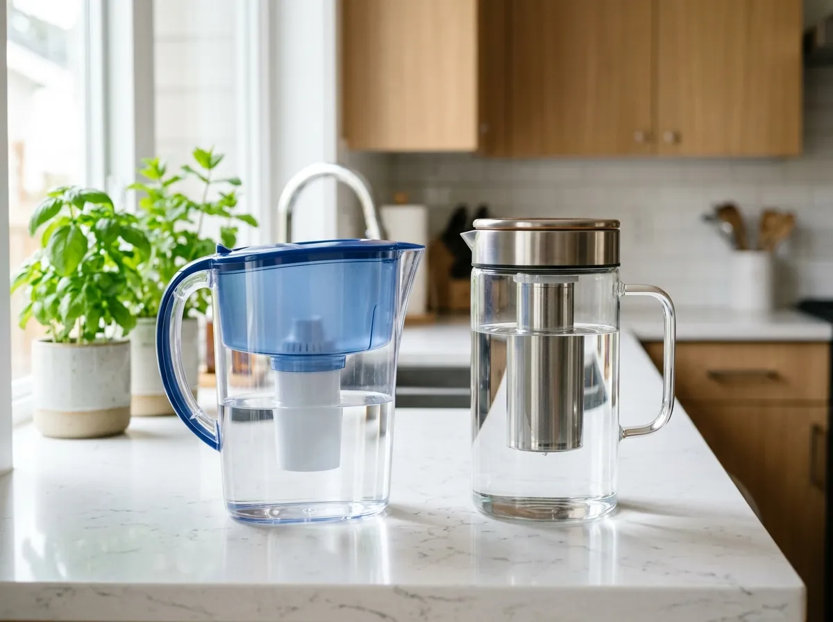 Brita and Clearly Filtered water pitchers side by side