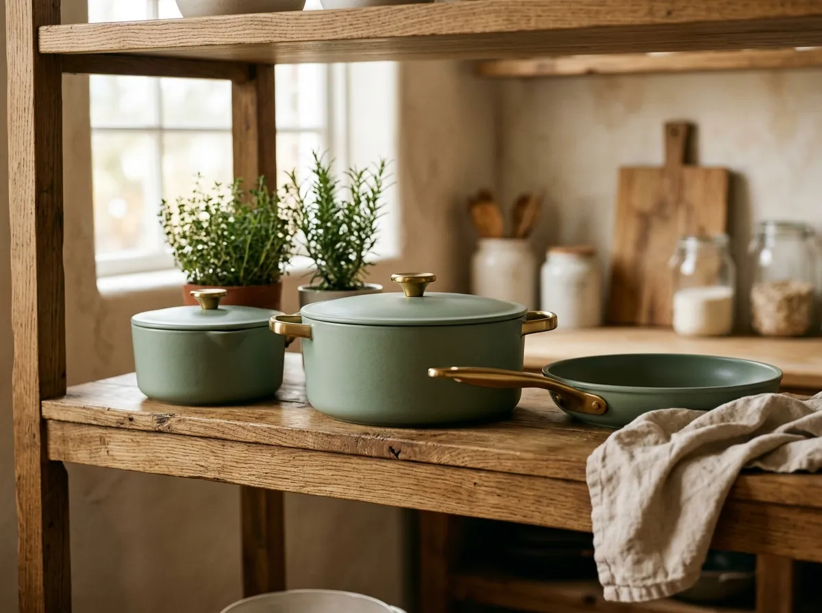 Caraway ceramic cookware set in cream color on a kitchen countertop after one year of use