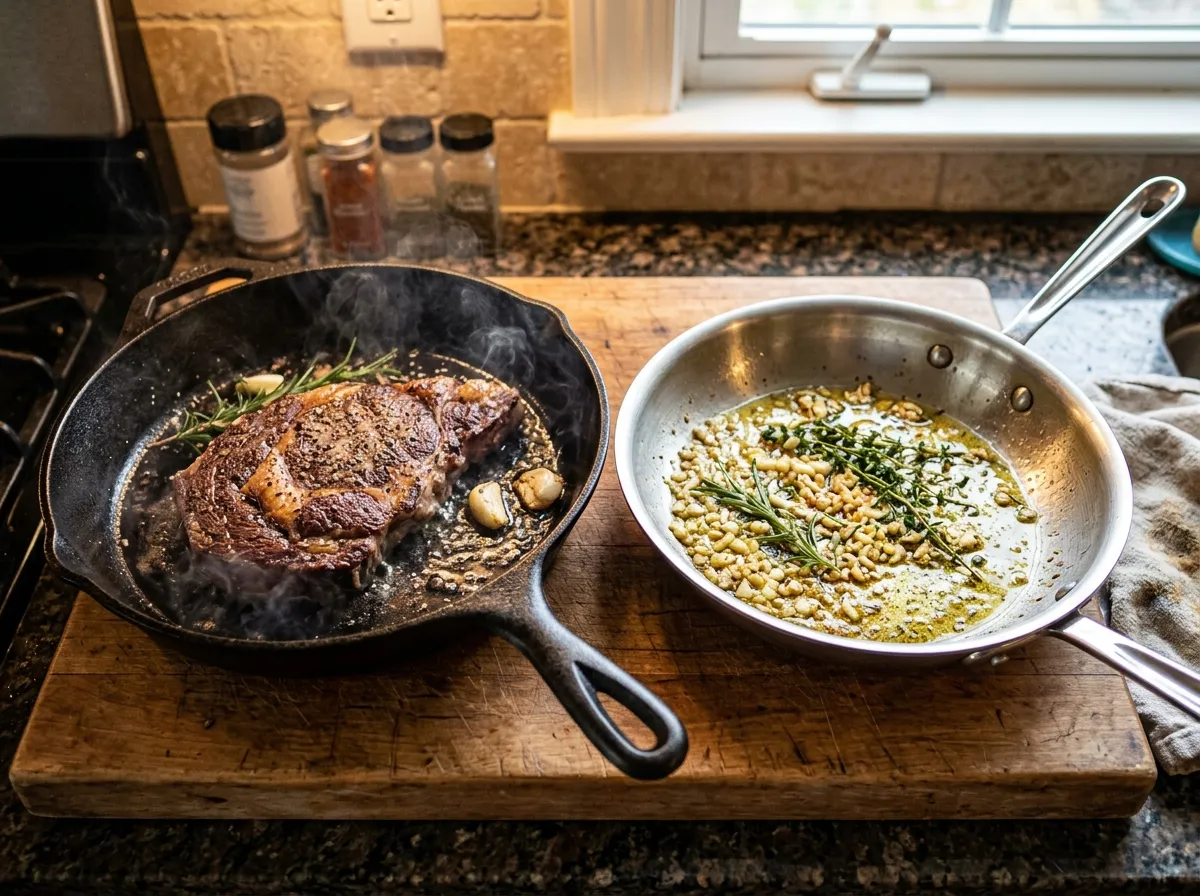 Cast iron skillet and stainless steel pan side by side on a kitchen counter