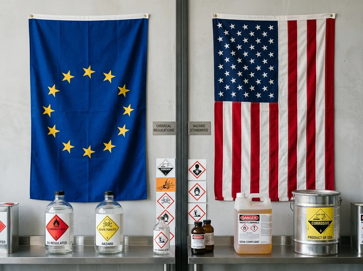 Split comparison showing EU and US flags with chemical regulation differences
