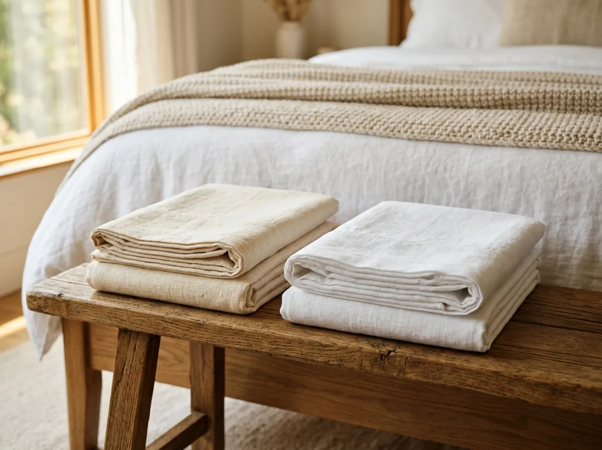 Organic cotton sheets from Coyuchi and Boll and Branch side by side on a neatly made bed