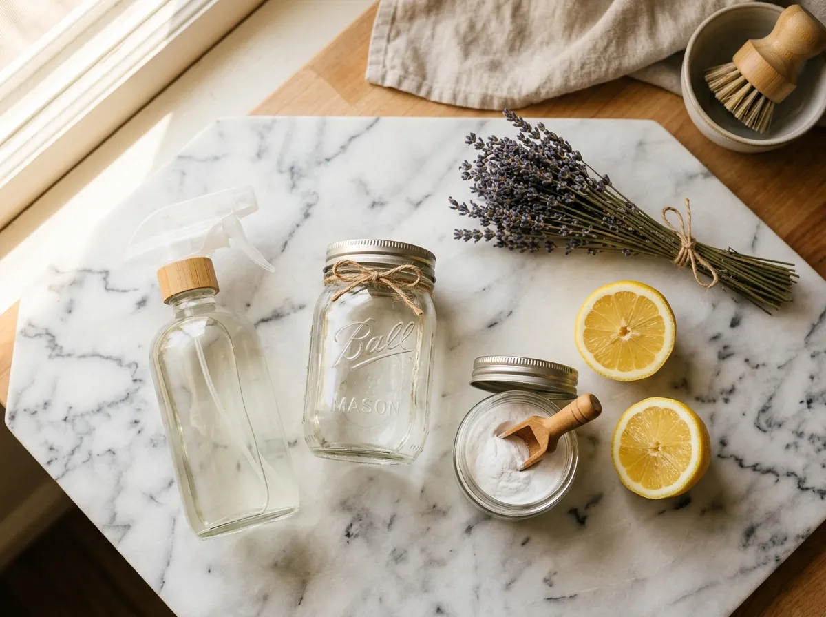 Glass spray bottles with homemade cleaning solutions next to vinegar, baking soda, and essential oils