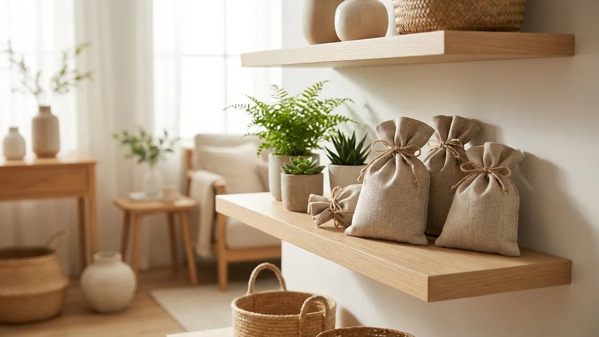 Bamboo charcoal bags placed near a window in a living room setting