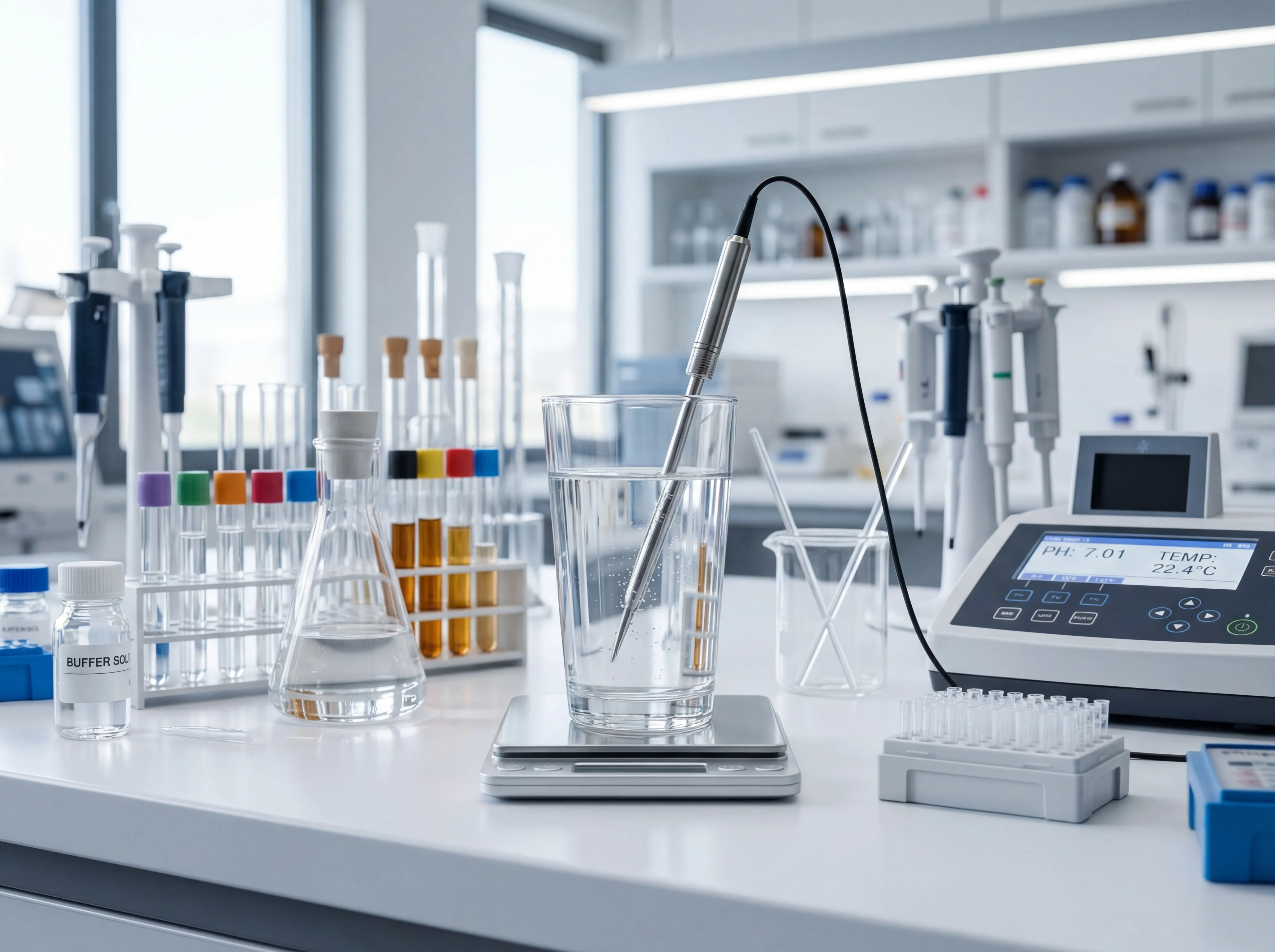 Glass of drinking water in testing laboratory