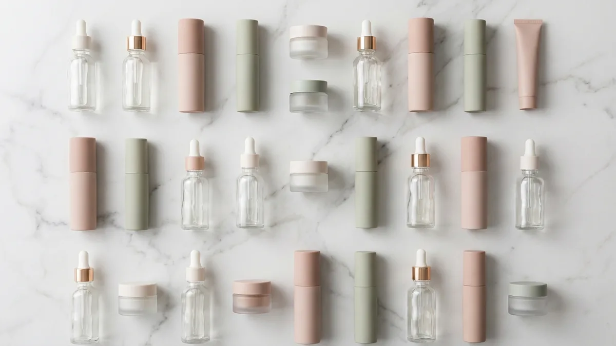 Rows of cosmetic and personal care products on a store shelf