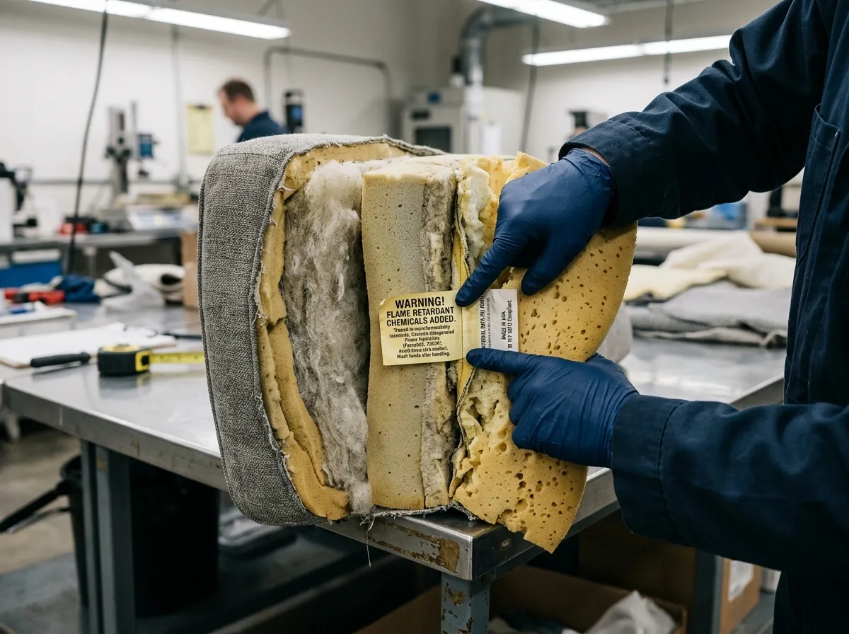 Cross-section of furniture foam showing chemical flame retardant treatment concerns