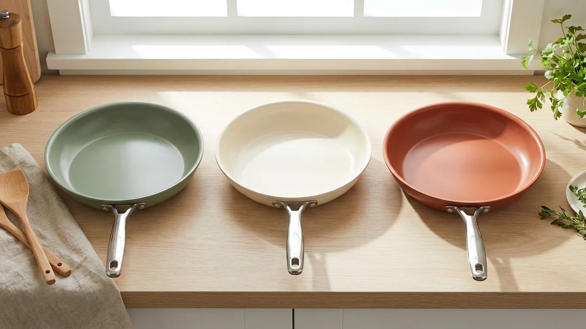 Three ceramic nonstick pans from GreenPan, Caraway, and Our Place arranged on a wooden countertop