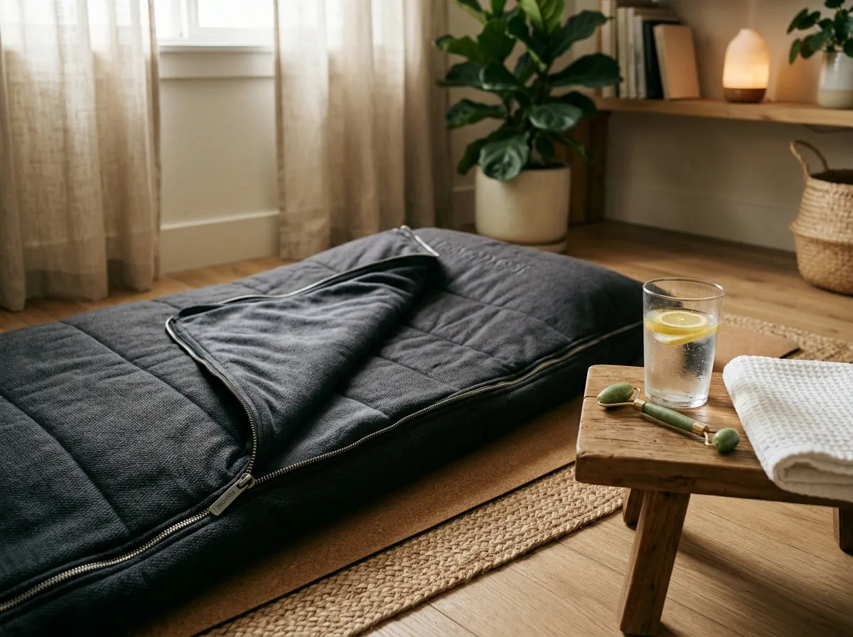 HigherDOSE Infrared Sauna Blanket V4 unrolled on a bed