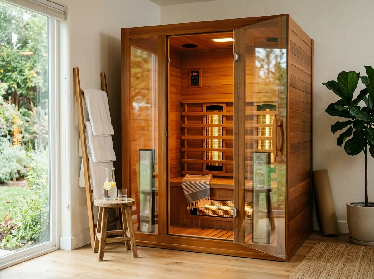 HigherDOSE full spectrum infrared sauna in a home setting with the door slightly open