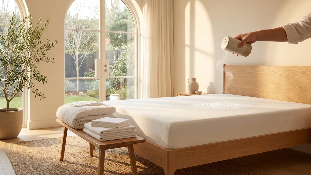 Baking soda being sprinkled over a mattress surface for natural cleaning