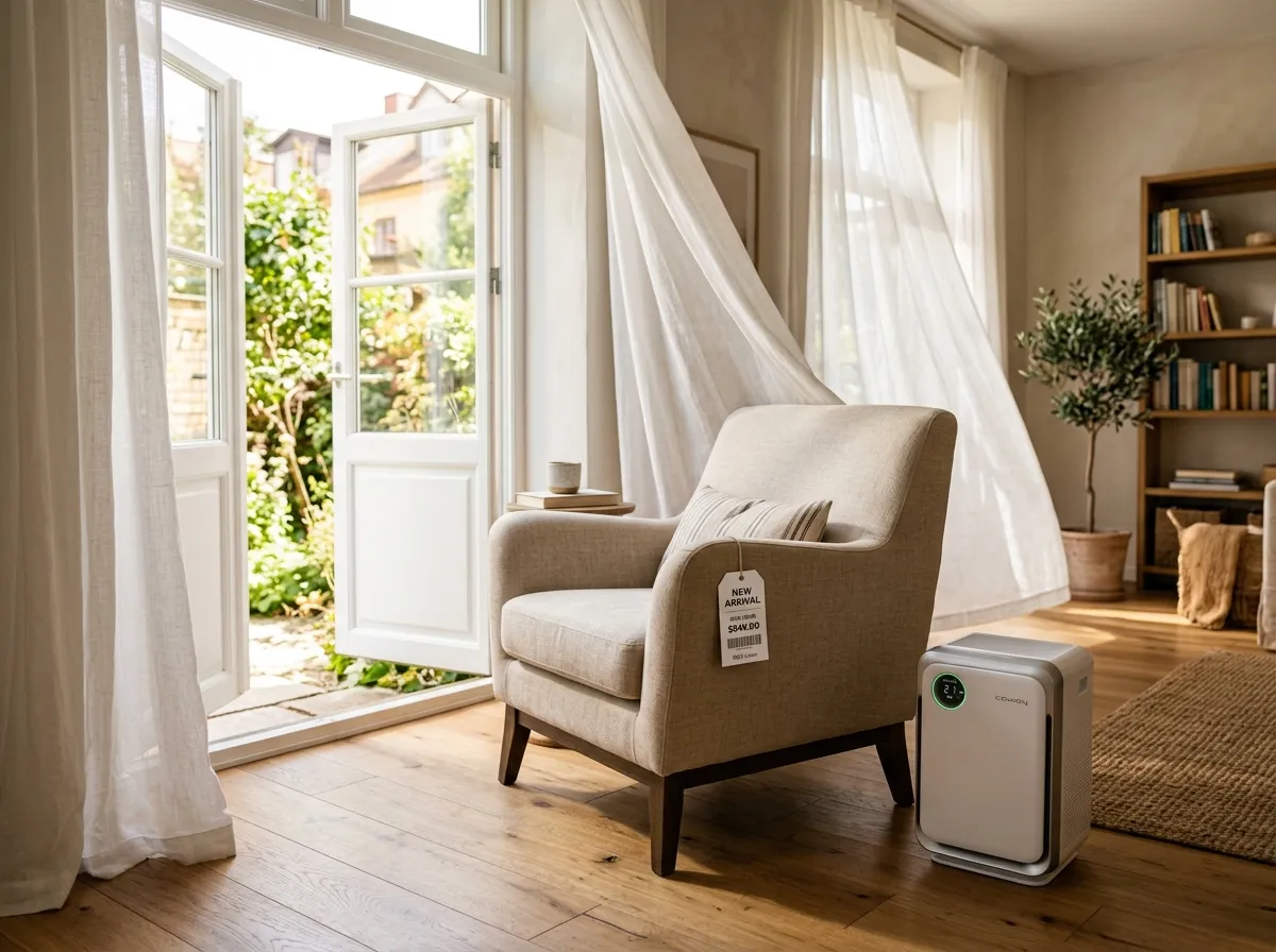 New armchair near open windows with sheer curtains billowing and an air purifier on the floor
