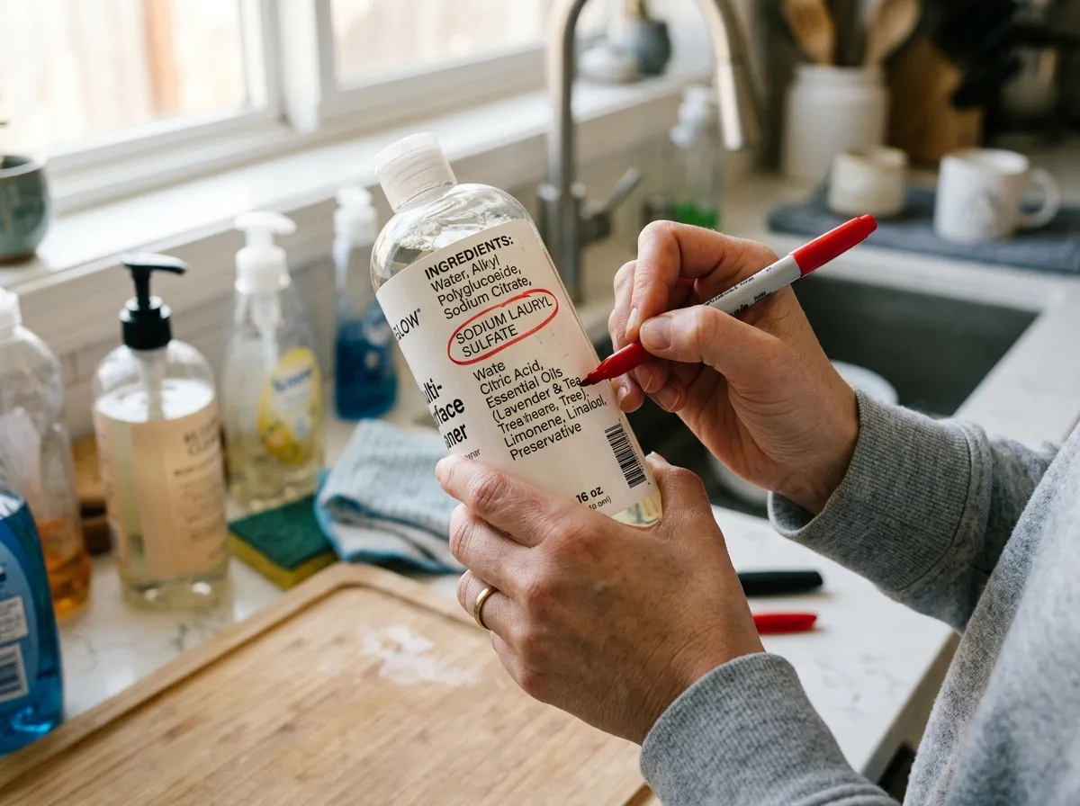 Close-up of product safety labels and ingredient lists on household items