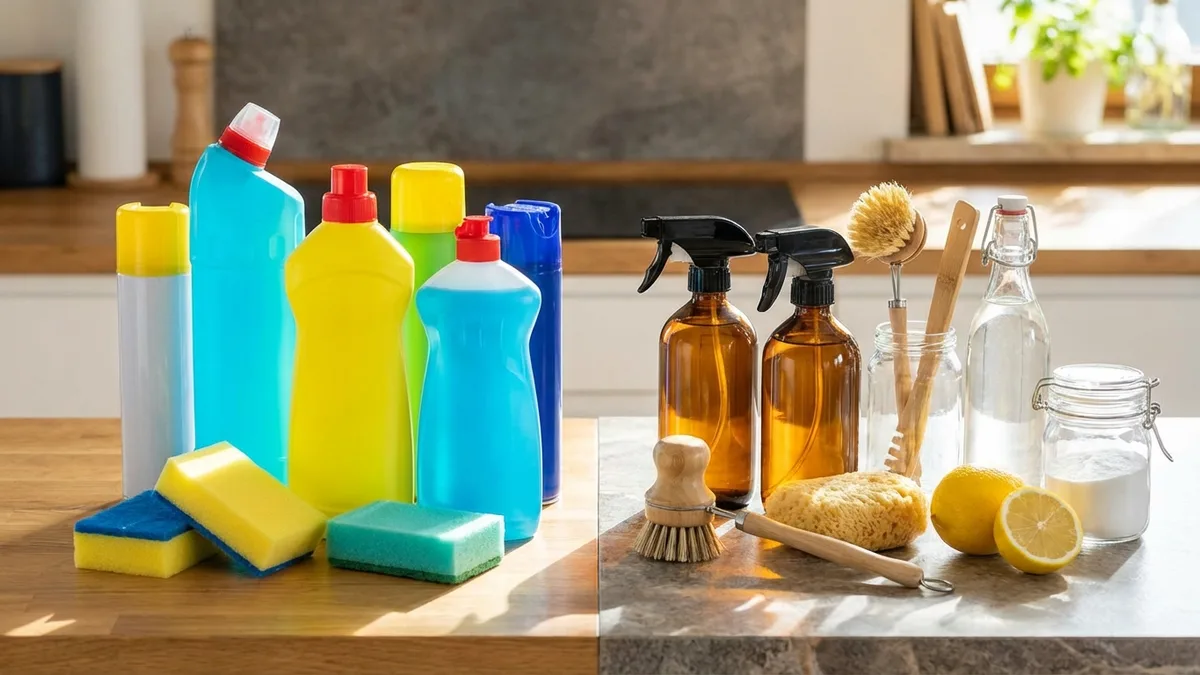 Kitchen counter with conventional cleaning products on one side and non-toxic alternatives on the other