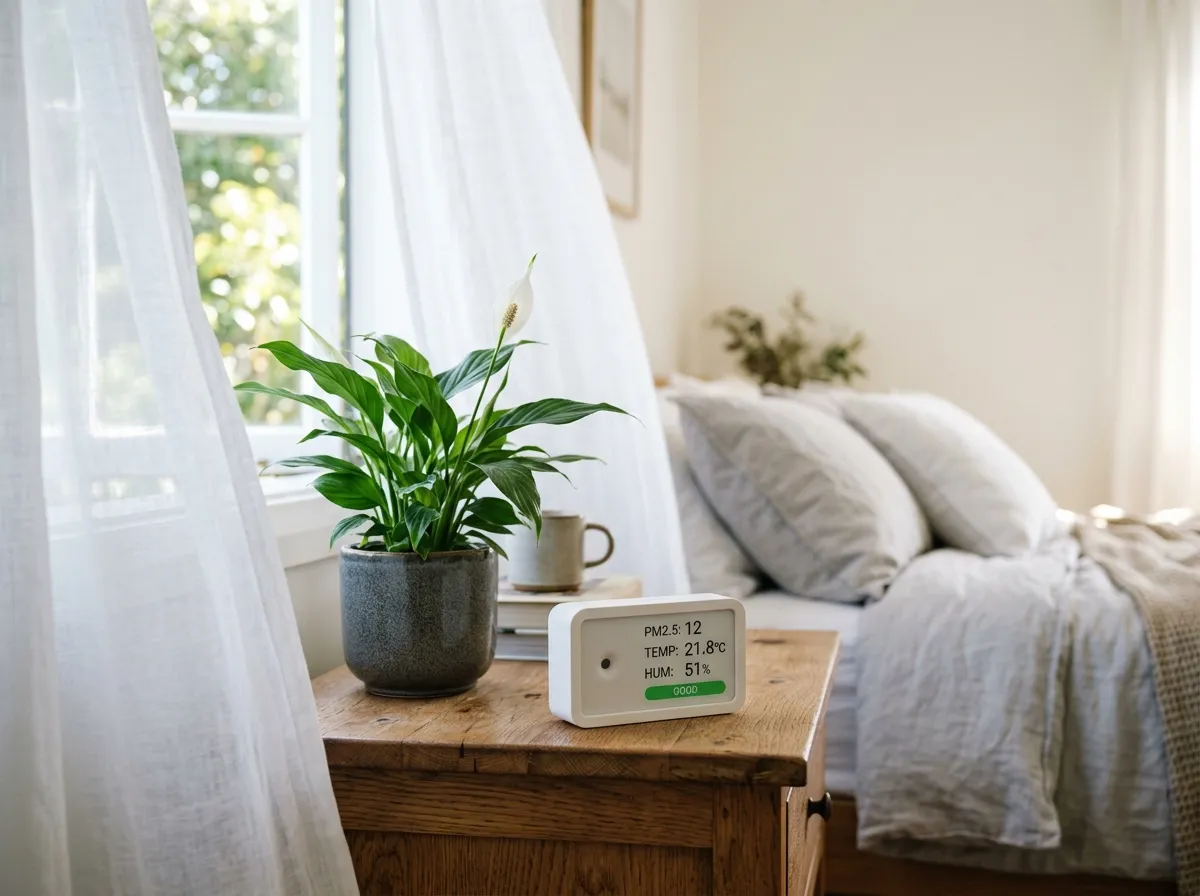 Living room with air purifier and open windows showing clean indoor air concept