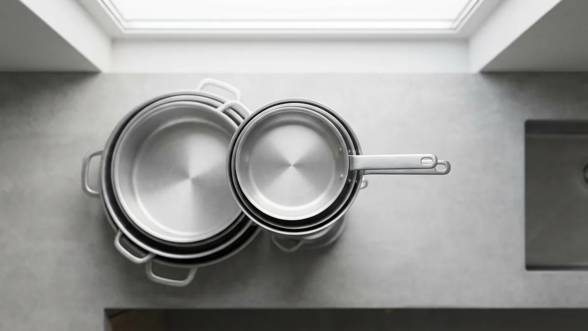 Aluminum pots and pans stacked on a kitchen shelf