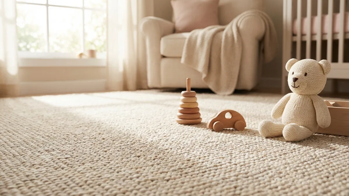 A baby crawling on carpet in a bright nursery room