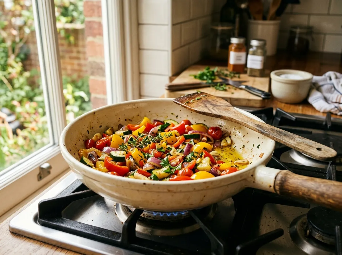 Ceramic coated frying pan with vegetables being cooked on a stovetop