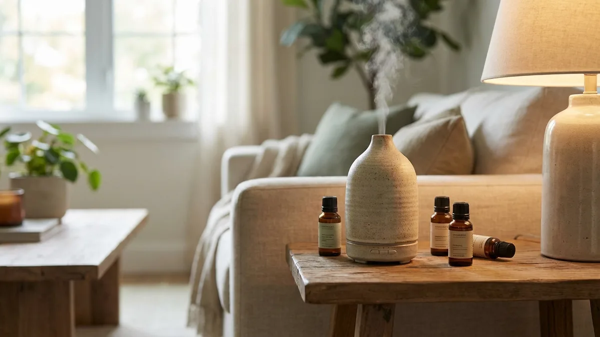An ultrasonic essential oil diffuser releasing mist on a side table