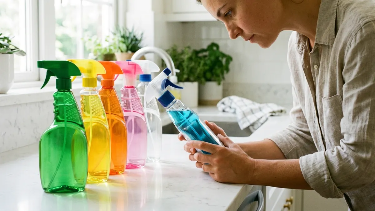 Colorful cleaning product bottles on a kitchen shelf next to a plant