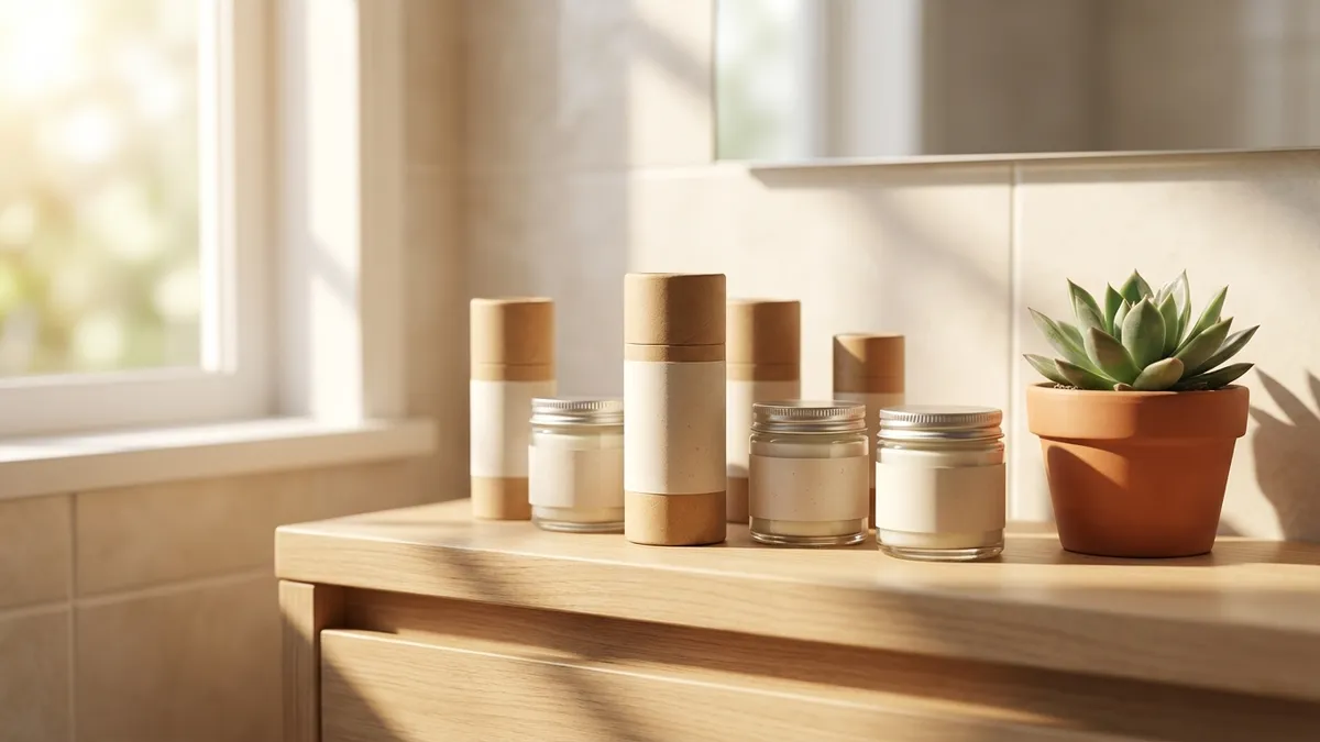 Natural deodorant sticks on a bathroom shelf with eucalyptus sprigs