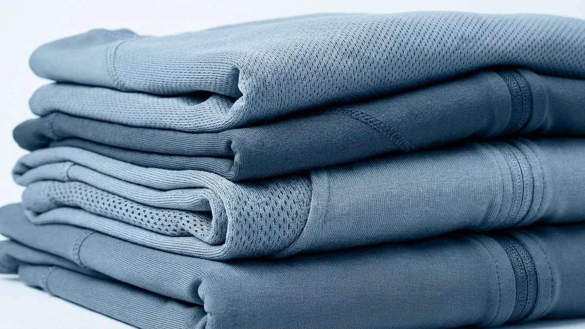 Close-up of polyester fabric texture on a clothing rack