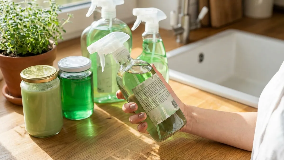 Plant-based cleaning products lined up on a kitchen counter for ingredient comparison