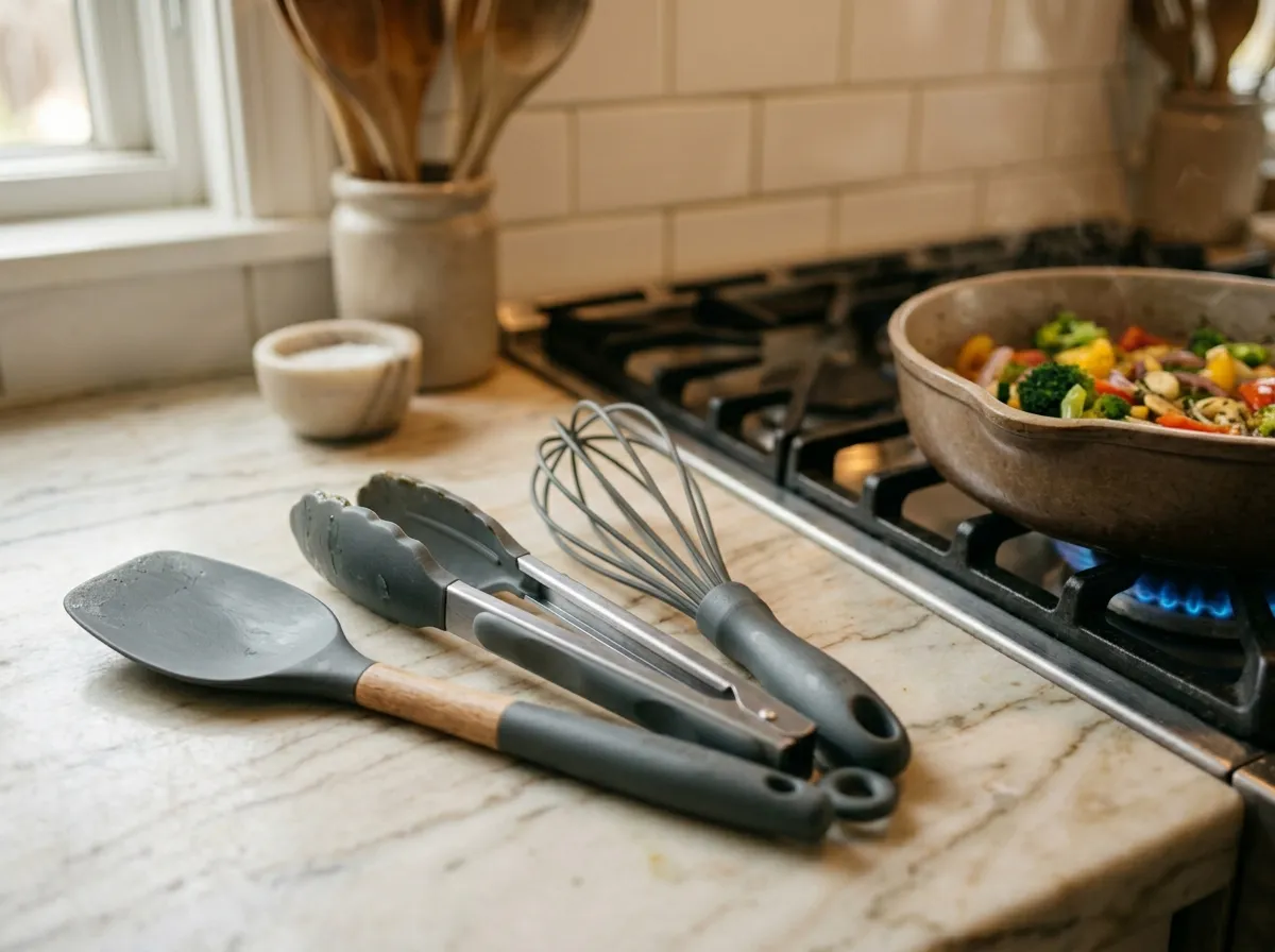Silicone baking mats and utensils on a kitchen counter