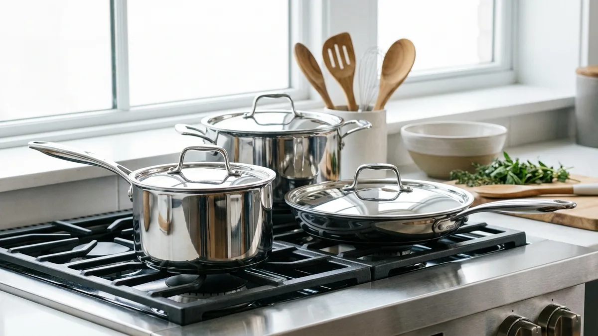Stainless steel paucepan on a kitchen stovetop with wooden utensils