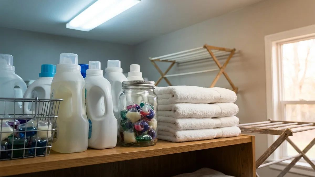 Laundry detergent being poured into a washing machine drum