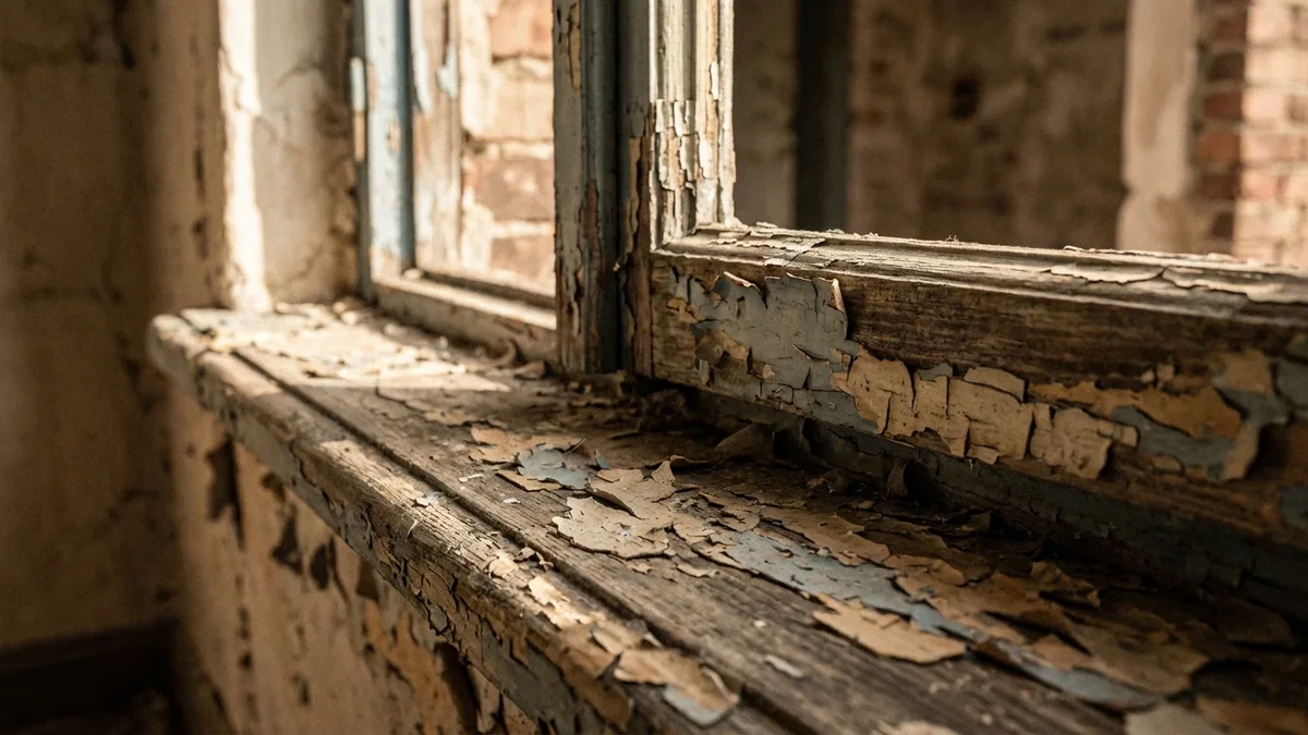 Peeling paint layers on an old window frame in a historic home