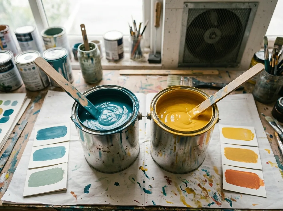 Side-by-side comparison of low VOC and zero VOC paint cans with VOC level indicators