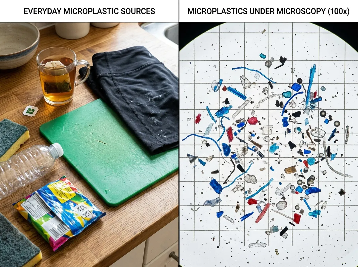 Microscopic view of microplastic particles found in common household items