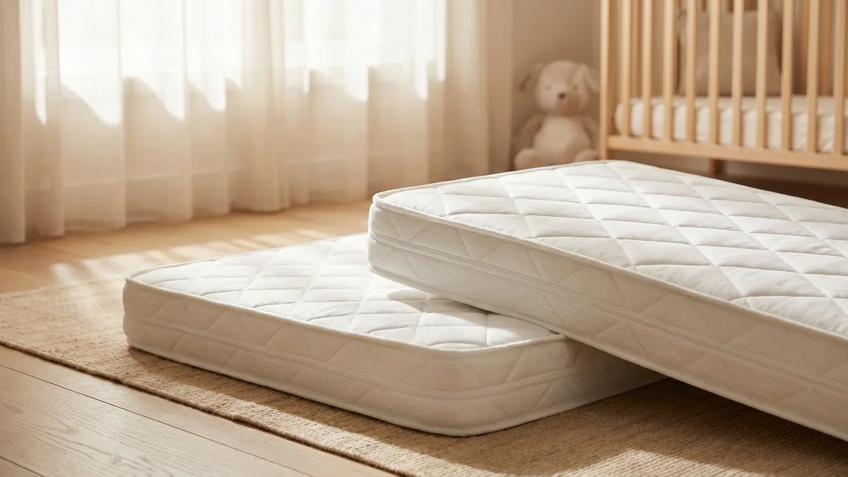 Two crib mattresses side by side in a neutral nursery with wooden crib frames