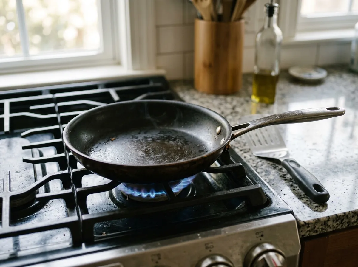 Close-up of a non-stick frying pan on a stovetop