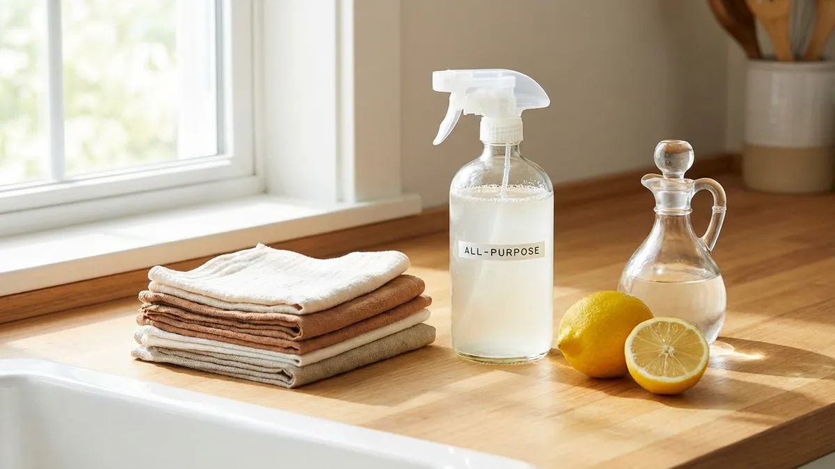 Plant-based cleaning spray bottle with a reusable cloth on a clean kitchen counter