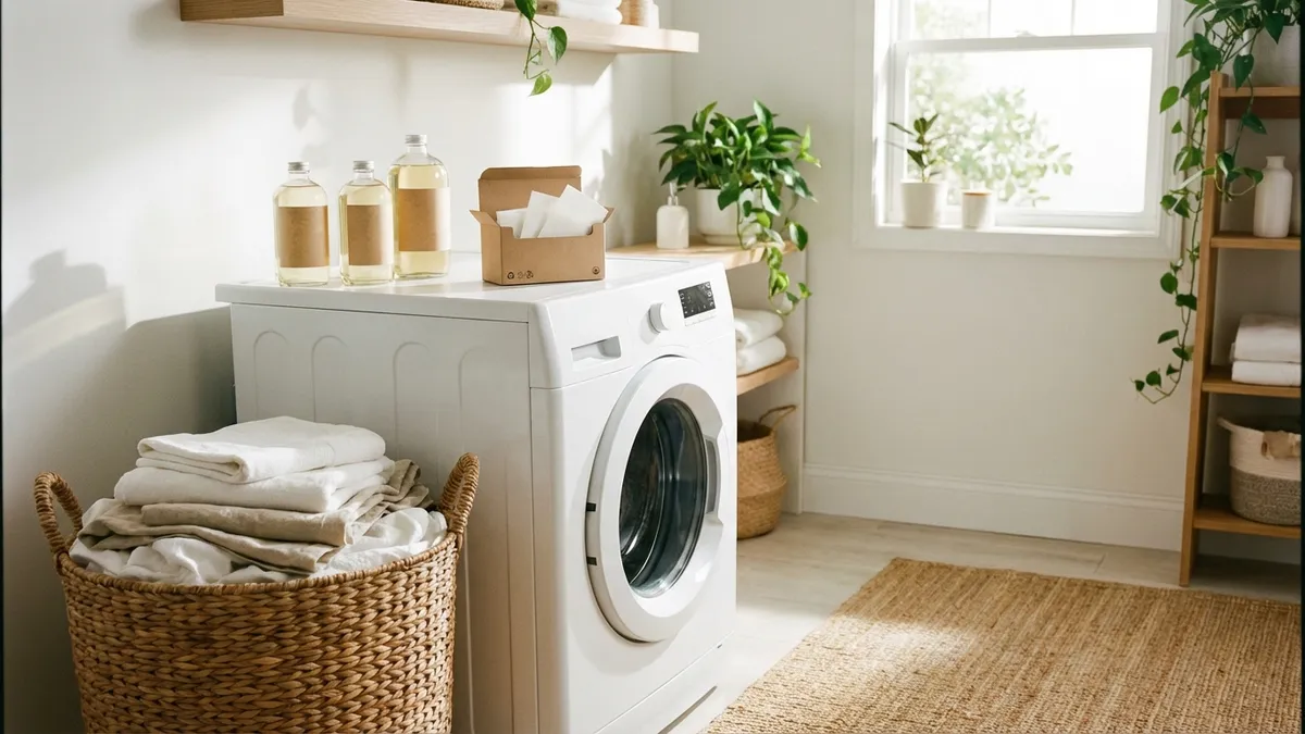 Non-toxic laundry detergent bottles next to folded clean towels