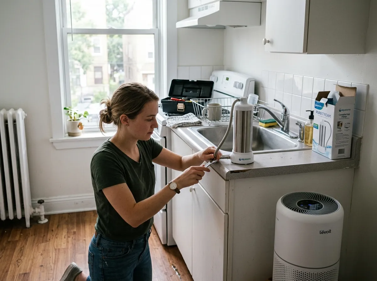 Apartment renter setting up a non-toxic living space with portable solutions