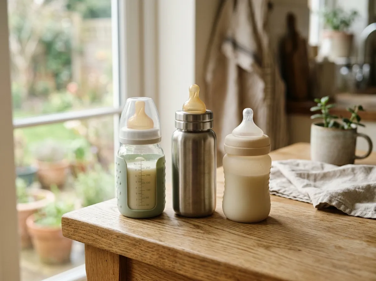 Glass and silicone baby bottles on a kitchen counter