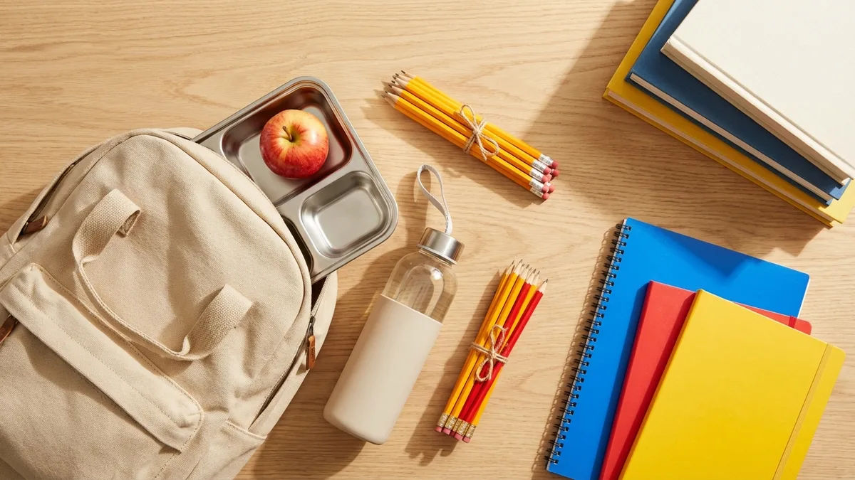 Colorful non-toxic school supplies arranged neatly on a wooden desk