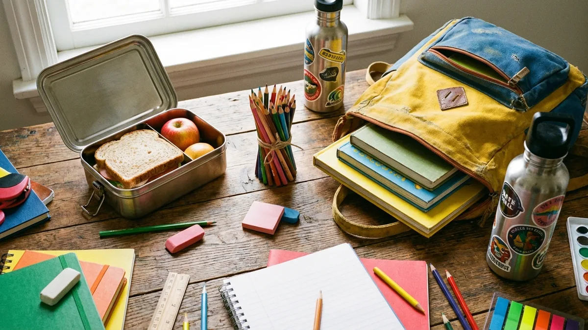 Stainless steel lunch box, colored pencils, and a reusable water bottle on a wooden desk