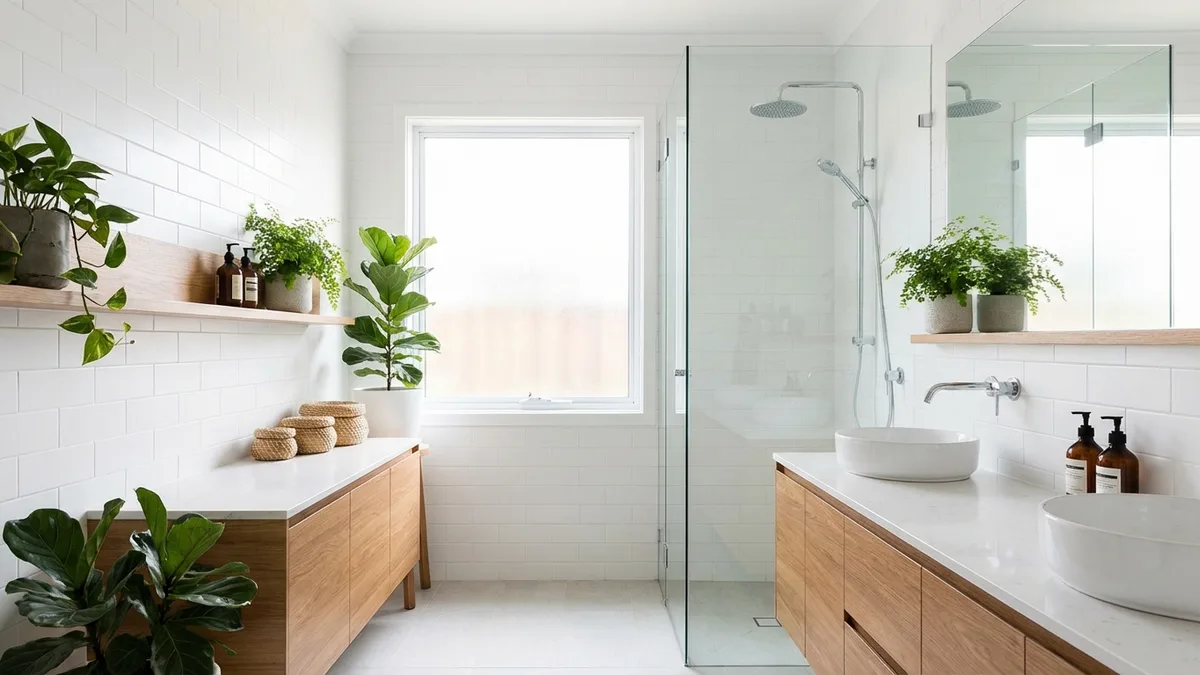 Clean bathroom with non-toxic products on a wooden shelf